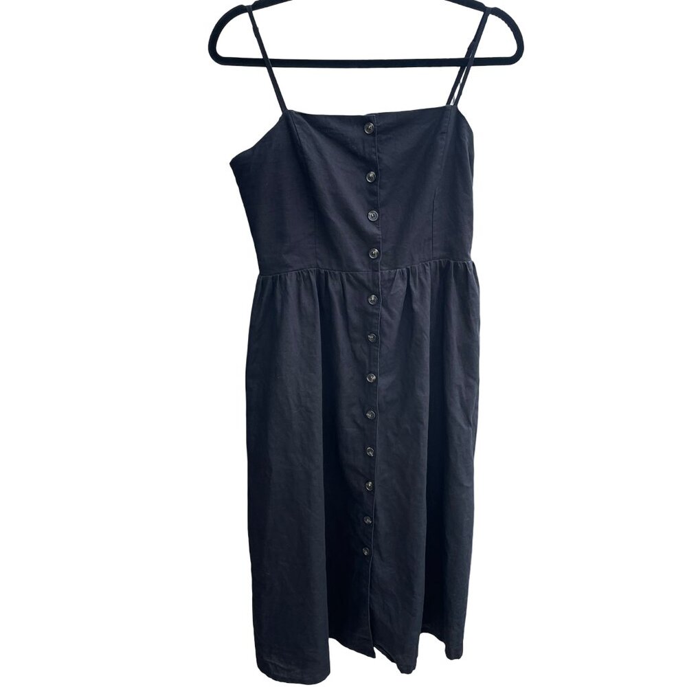 H&M Black Linen Cotton Blend Buttons Dress Midi Smocked, Women's Medium, Flaw